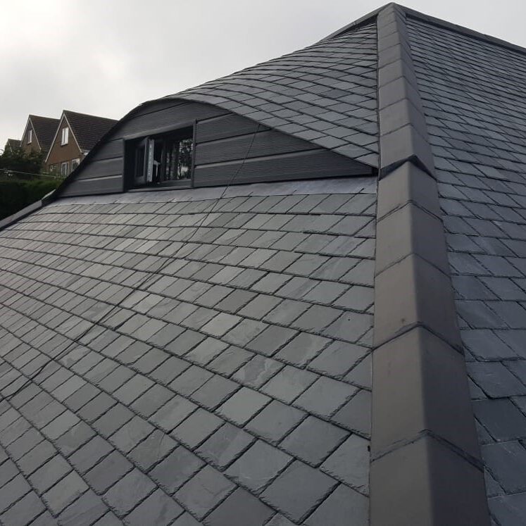 View of a sloped roof covered with dark slate tiles, featuring a small dormer window. Adjacent houses with triangular roofs are partially visible in the background against a cloudy sky.