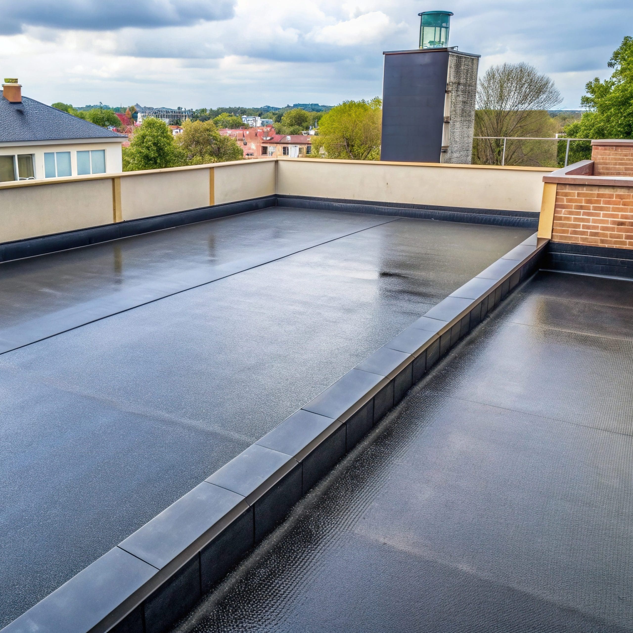 A flat rooftop covered with a smooth, black waterproof membrane. The rooftop is surrounded by low walls and overlooks a suburban area with trees and houses. The sky is cloudy.